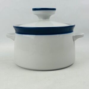 Noritake Primastone Fjord Round Covered Casserole 2.25 Qt Dish Blue Band Trim
